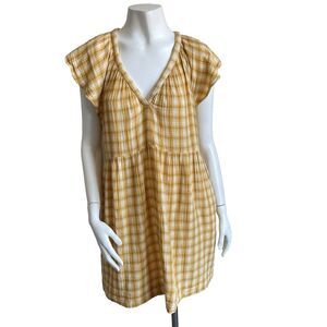 Old Navy Yellow Plaid Gauze Babydoll Mini Dress Pockets Size Large